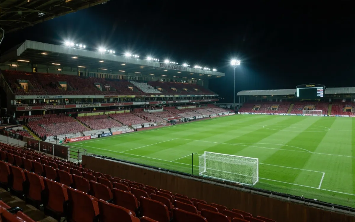 球场高处景观位视角，能拍到全场灯光与看台层次的氛围照片