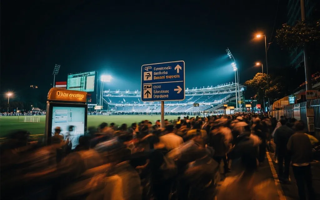 夜间比赛结束后球场外人流与公共交通指示牌，城市灯光，长曝光质感
